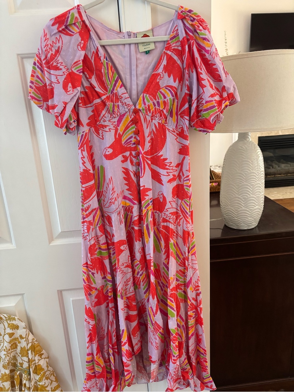 FARM Rio Lavender Dress with Red Parrot Print